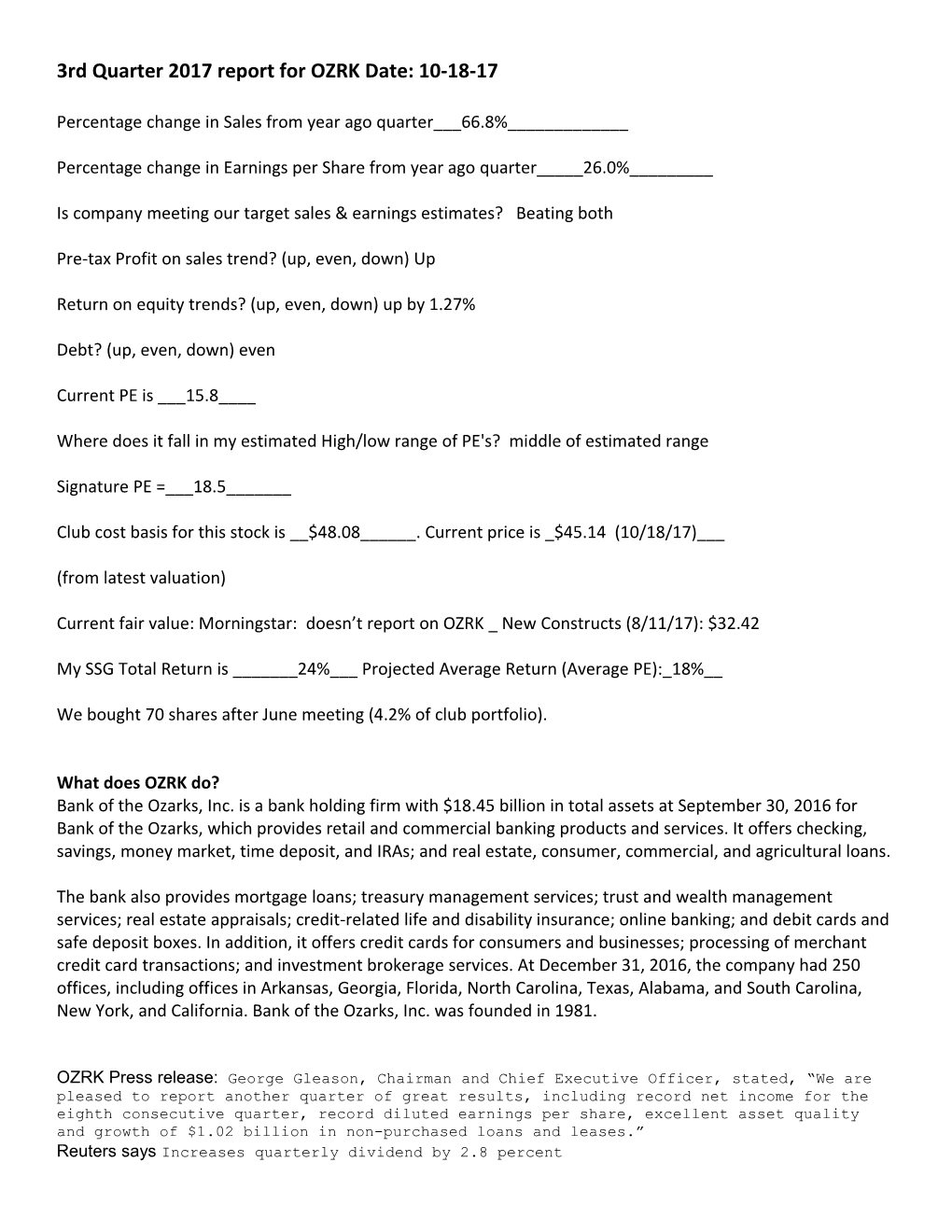 4Th Quarter 2016 Report for GNTX Date: 11-16-16