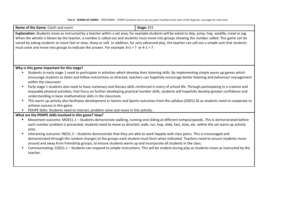 Part a - WARM up GAMES PROFORMA PDHPE (Students Are to Use One Part a Proforma for Each