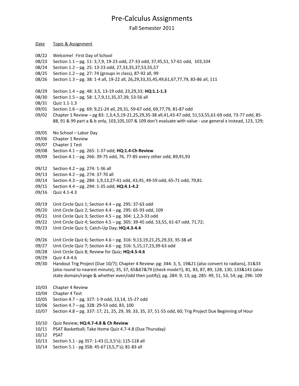 Pre-Calculus Assignments