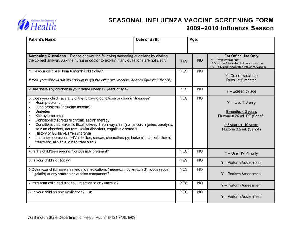 Seasonal Influenza Vaccine Screening Form