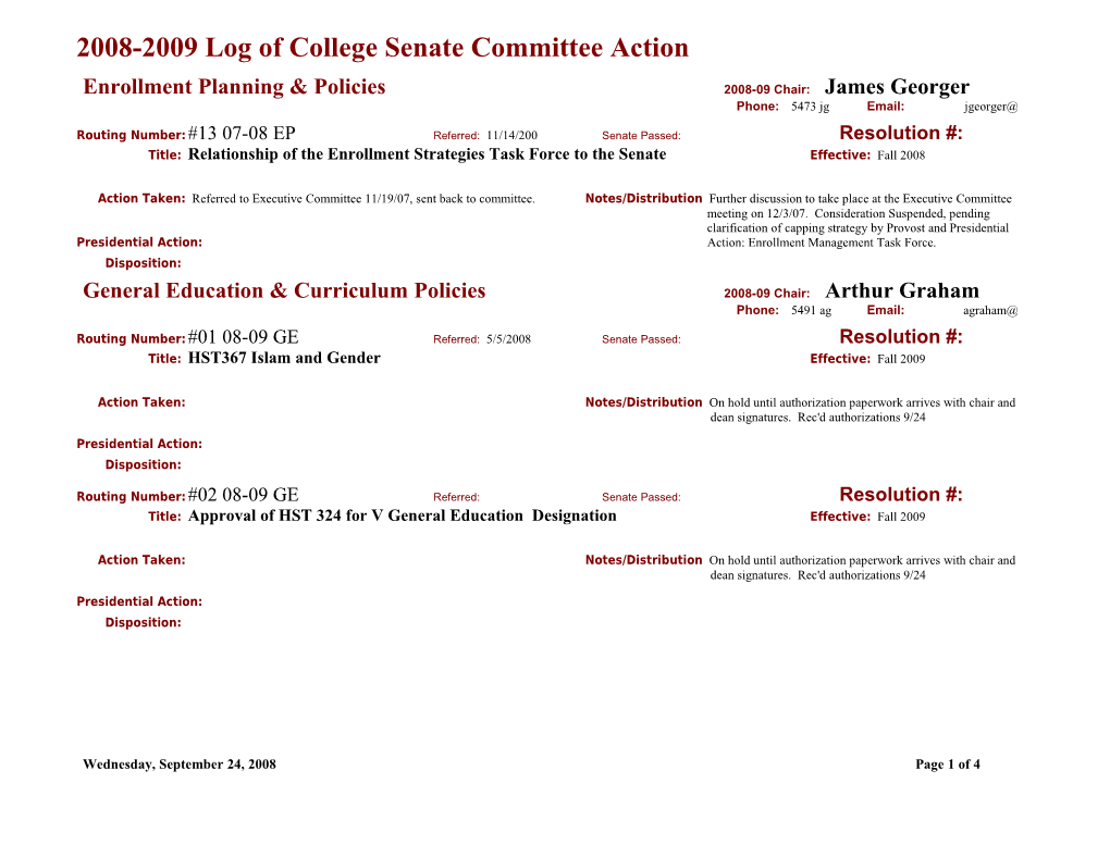 2008-2009 Log of College Senate Committee Action