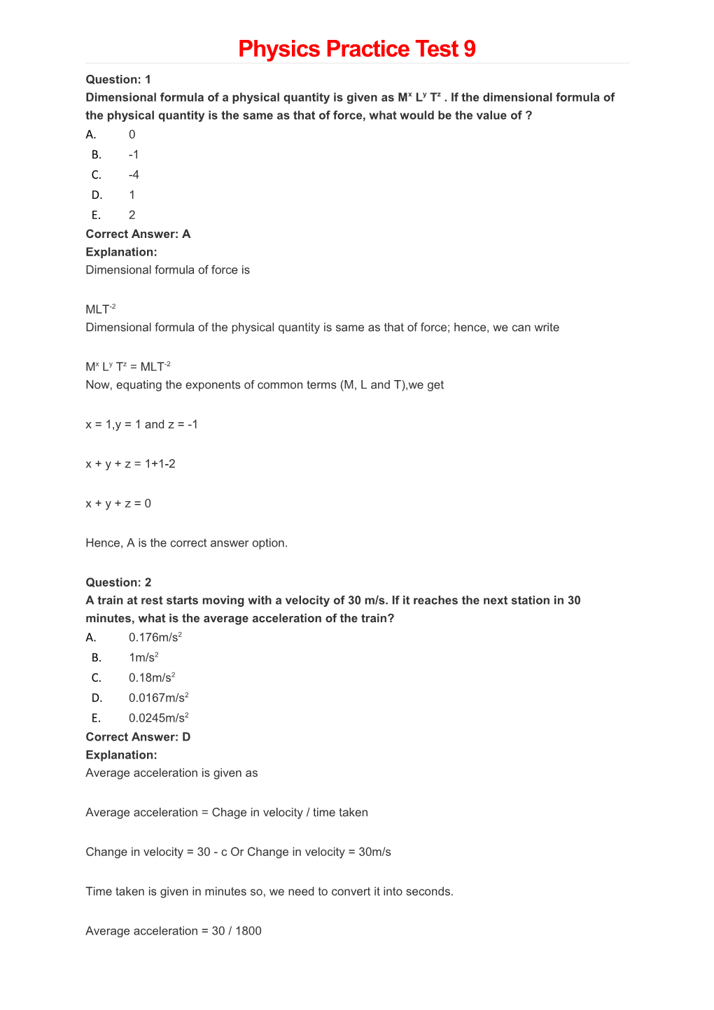 Physics Practice Test 9