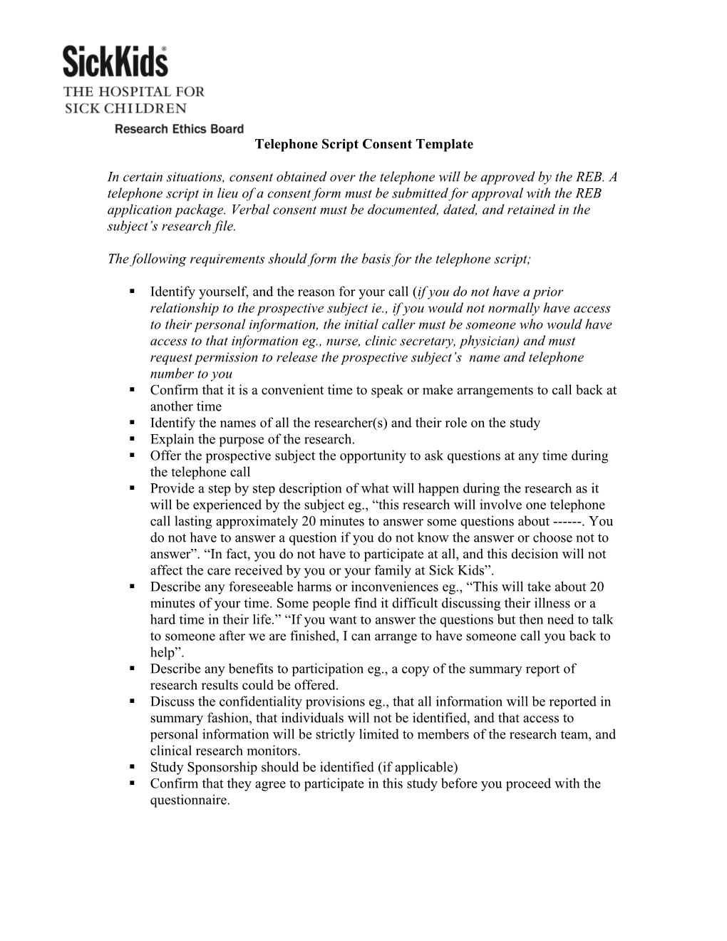 Consent Form Template for Retrospective Research Projects (July 2005)