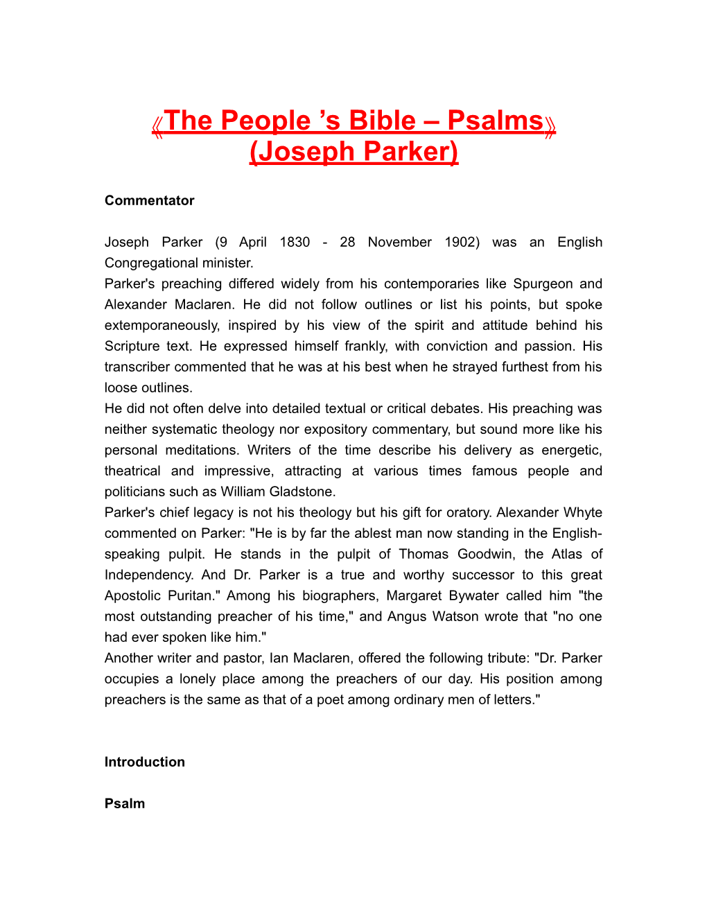 The People S Bible Psalms (Joseph Parker)