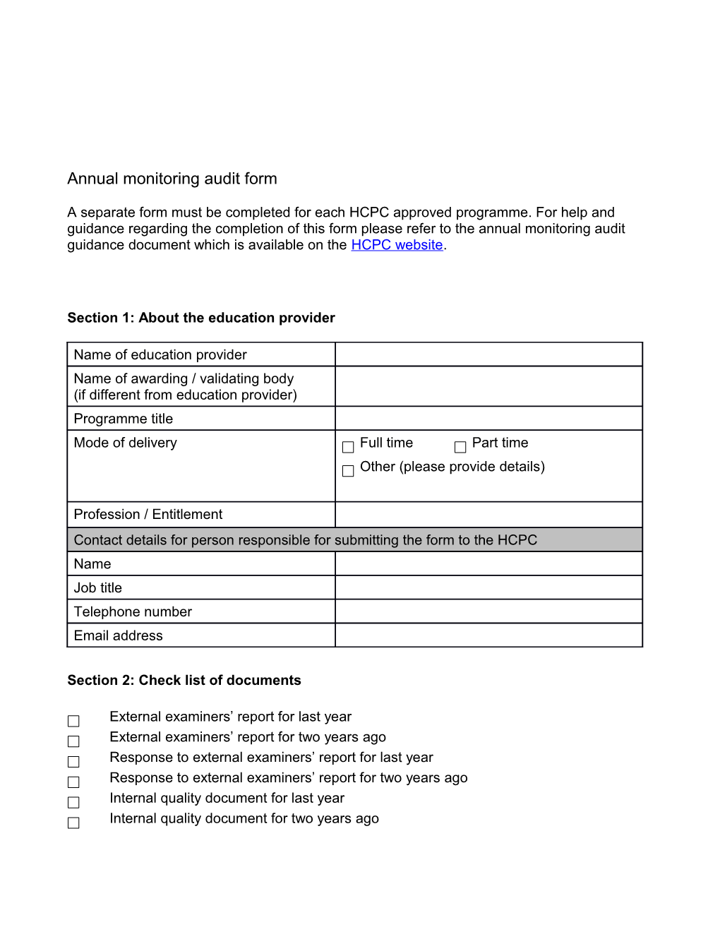 Annual Monitoring Audit Form