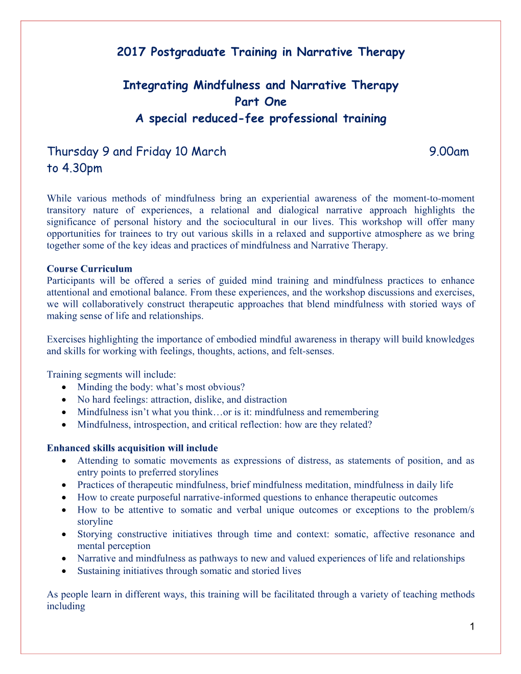 2017 Postgraduate Training in Narrative Therapy