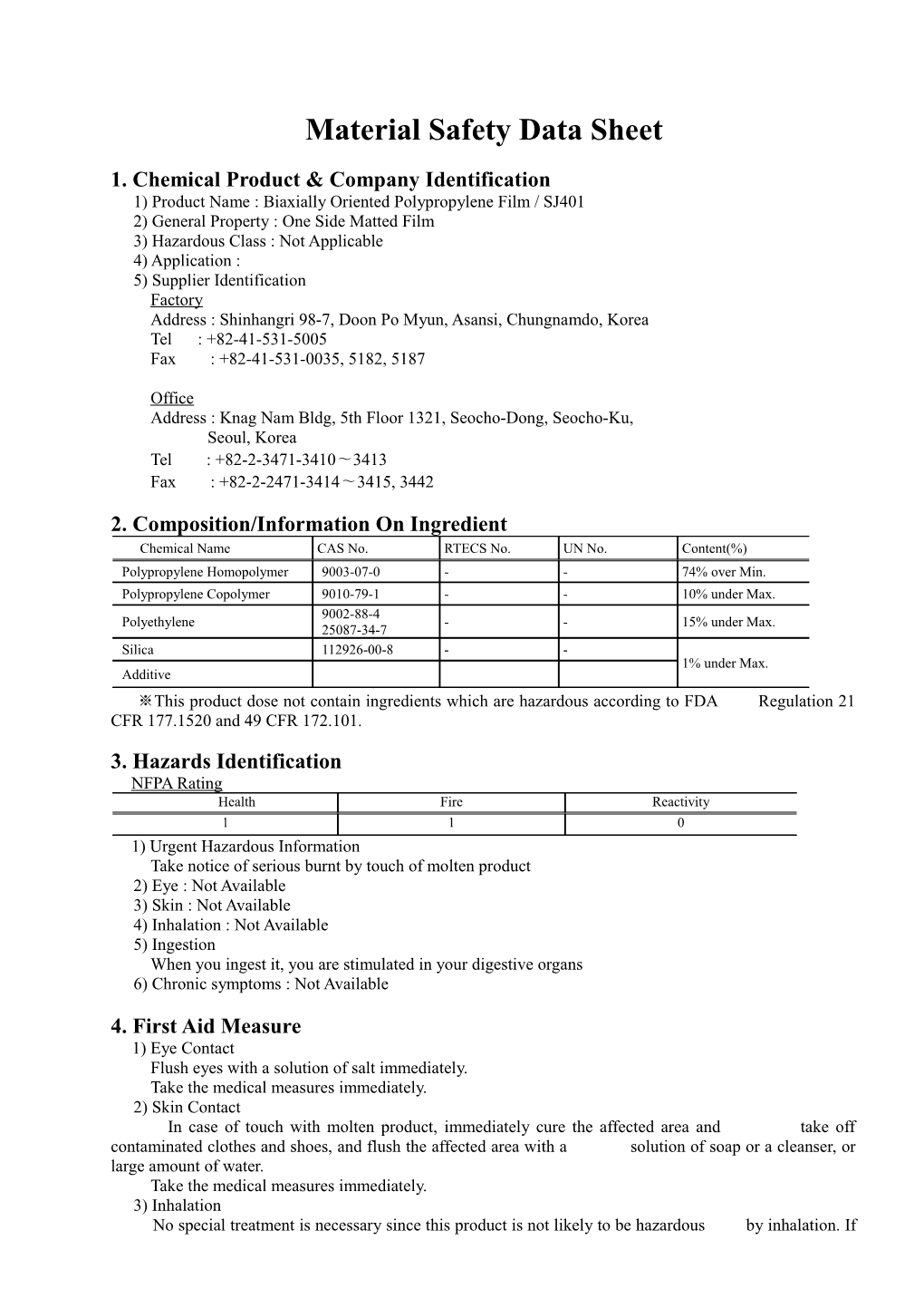 Material Safety Data Sheet s61