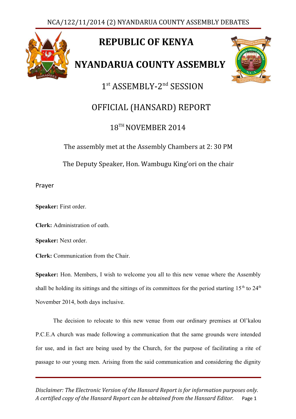 Nca/122/11/2014 (2) Nyandarua County Assembly Debates