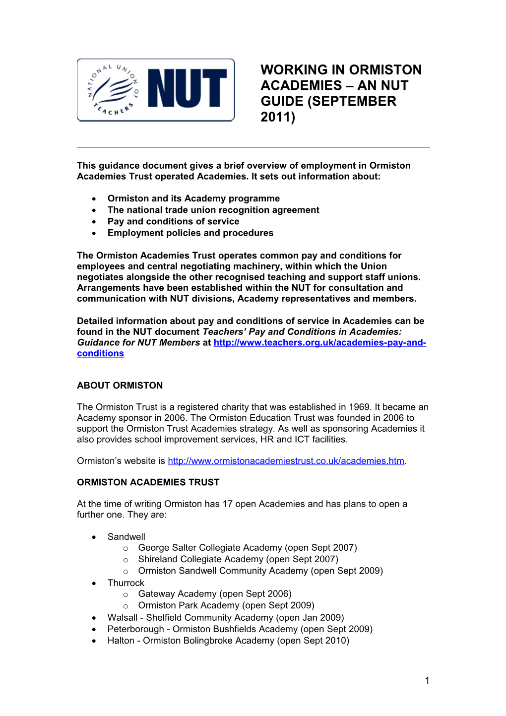 Working in Ormiston Academies an Nut Guide (June 2011)