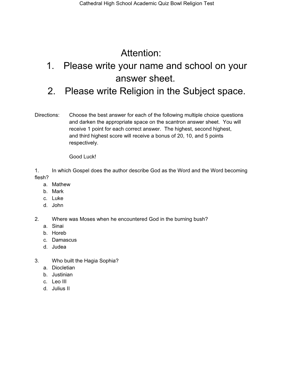 Cathedral High School Academic Quiz Bowl Religion Test