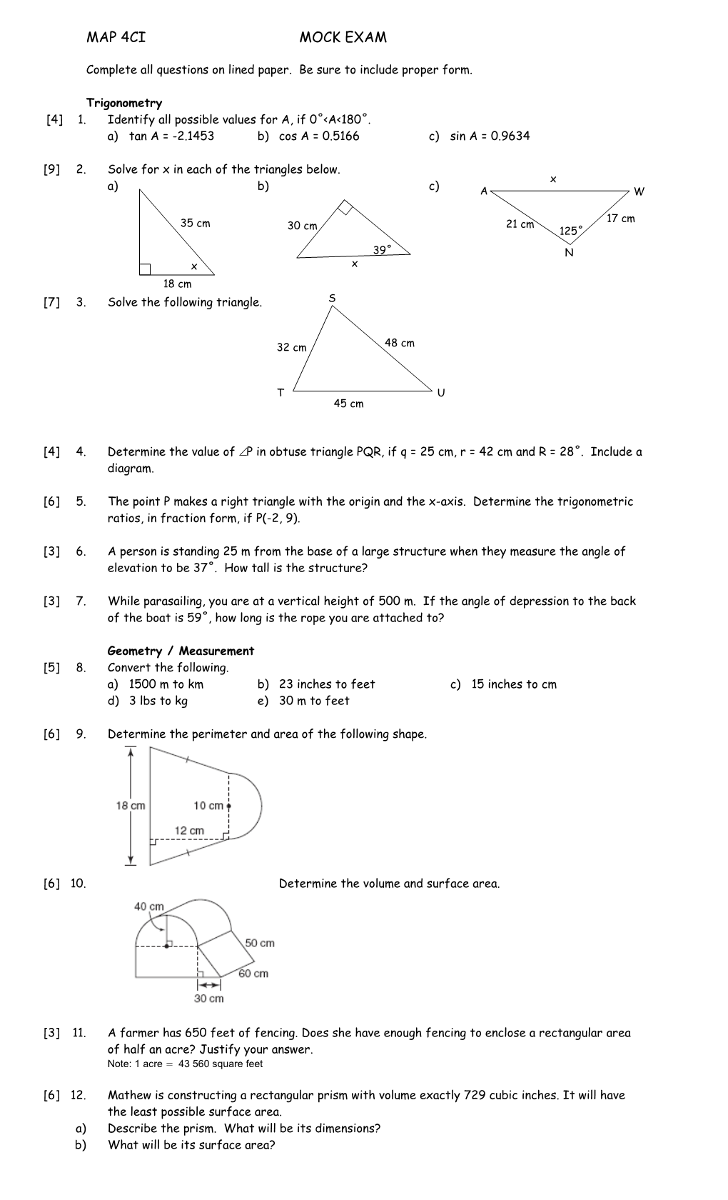 Complete All Questions on Lined Paper