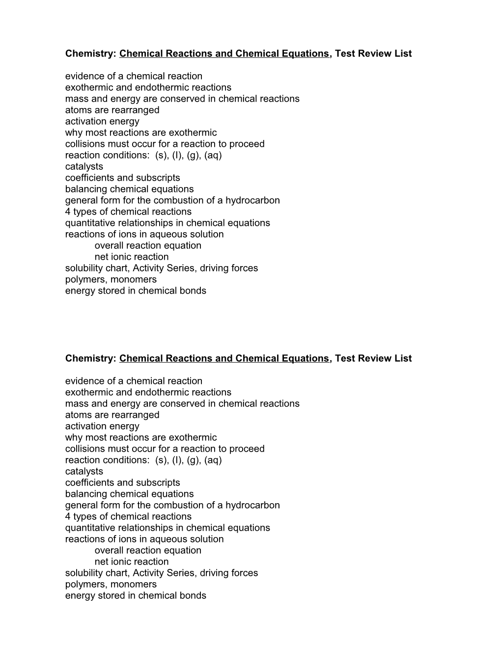 Test Review: Chemical Equations 0102