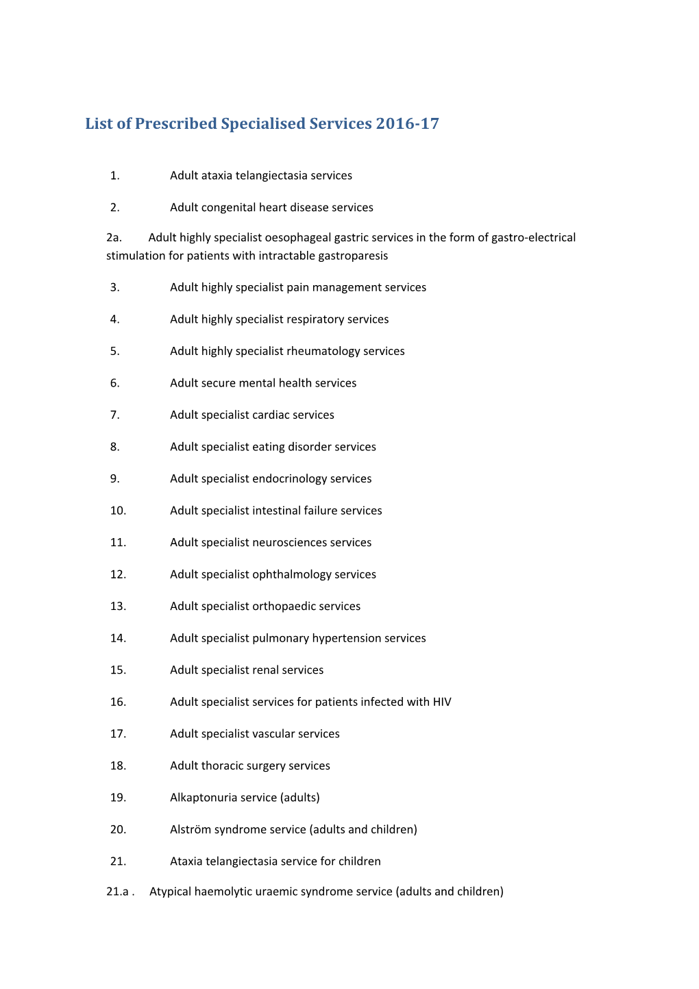 List of Prescribed Specialised Services 2016-17