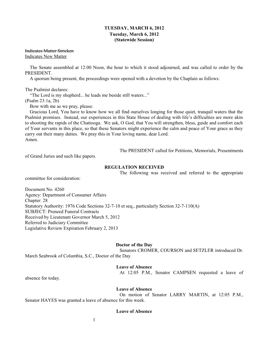 Senate Journal for Mar. 6, 2012 - South Carolina Legislature Online