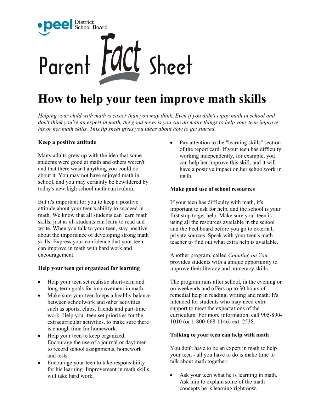 Tip Sheet for Students to Help with Mathematics