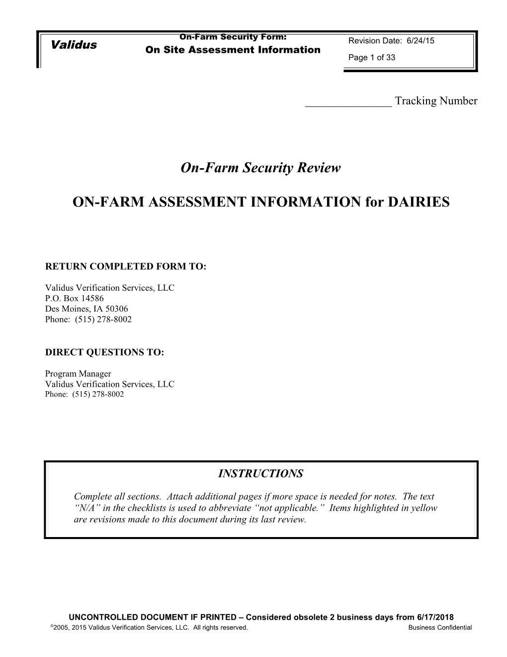 ON-FARM ASSESSMENT INFORMATION for DAIRIES