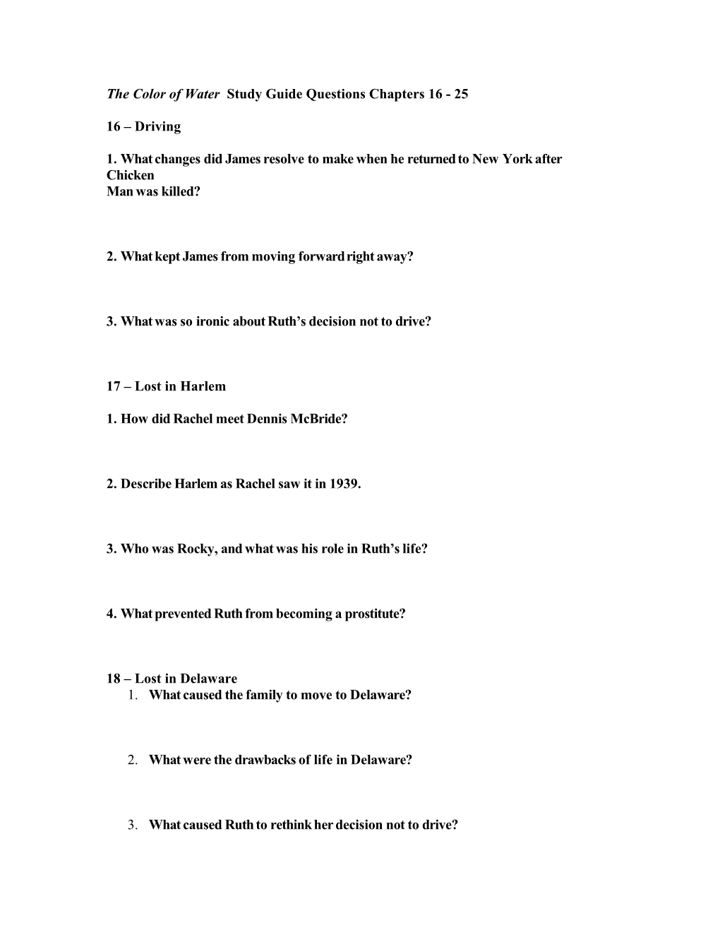 The Color of Water Study Guide Questions Chapters 16 - 25