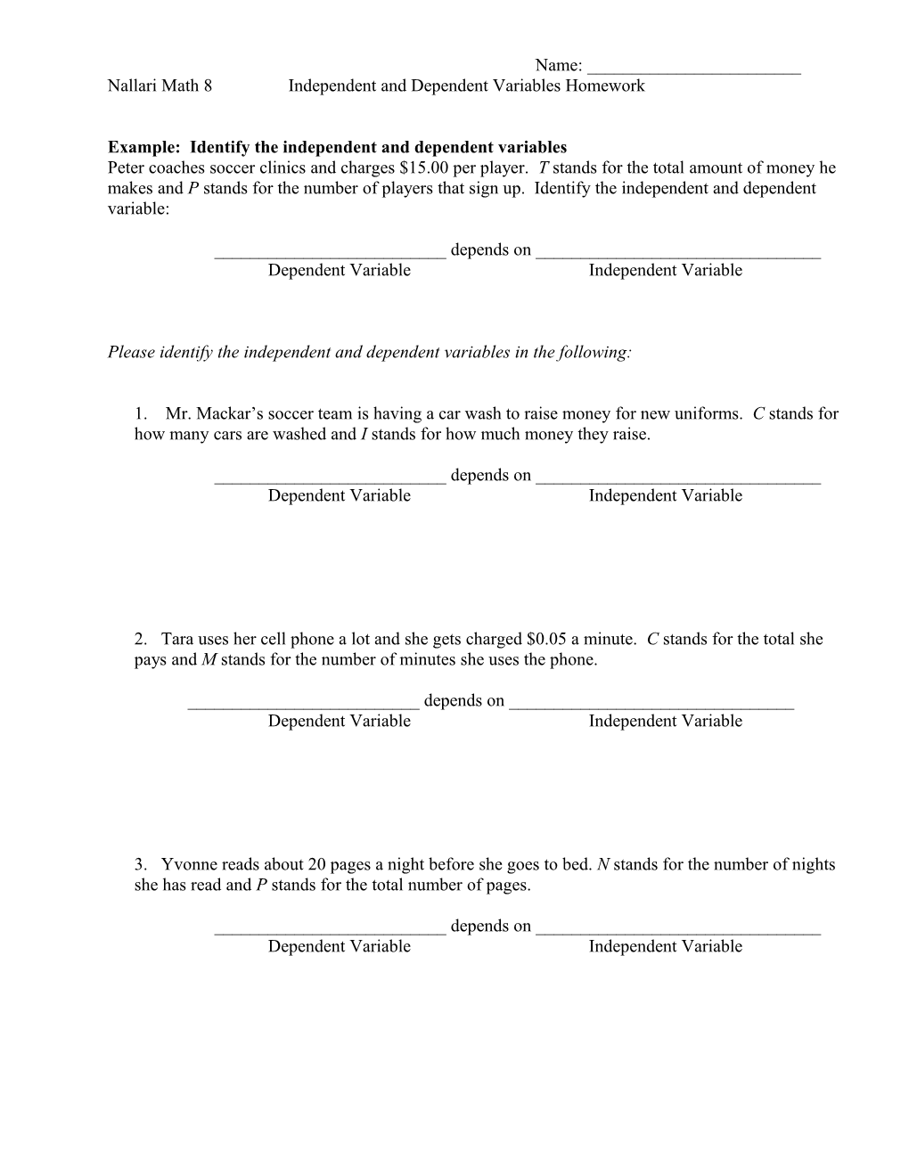 Independent and Dependent Variables: Practice Worksheet