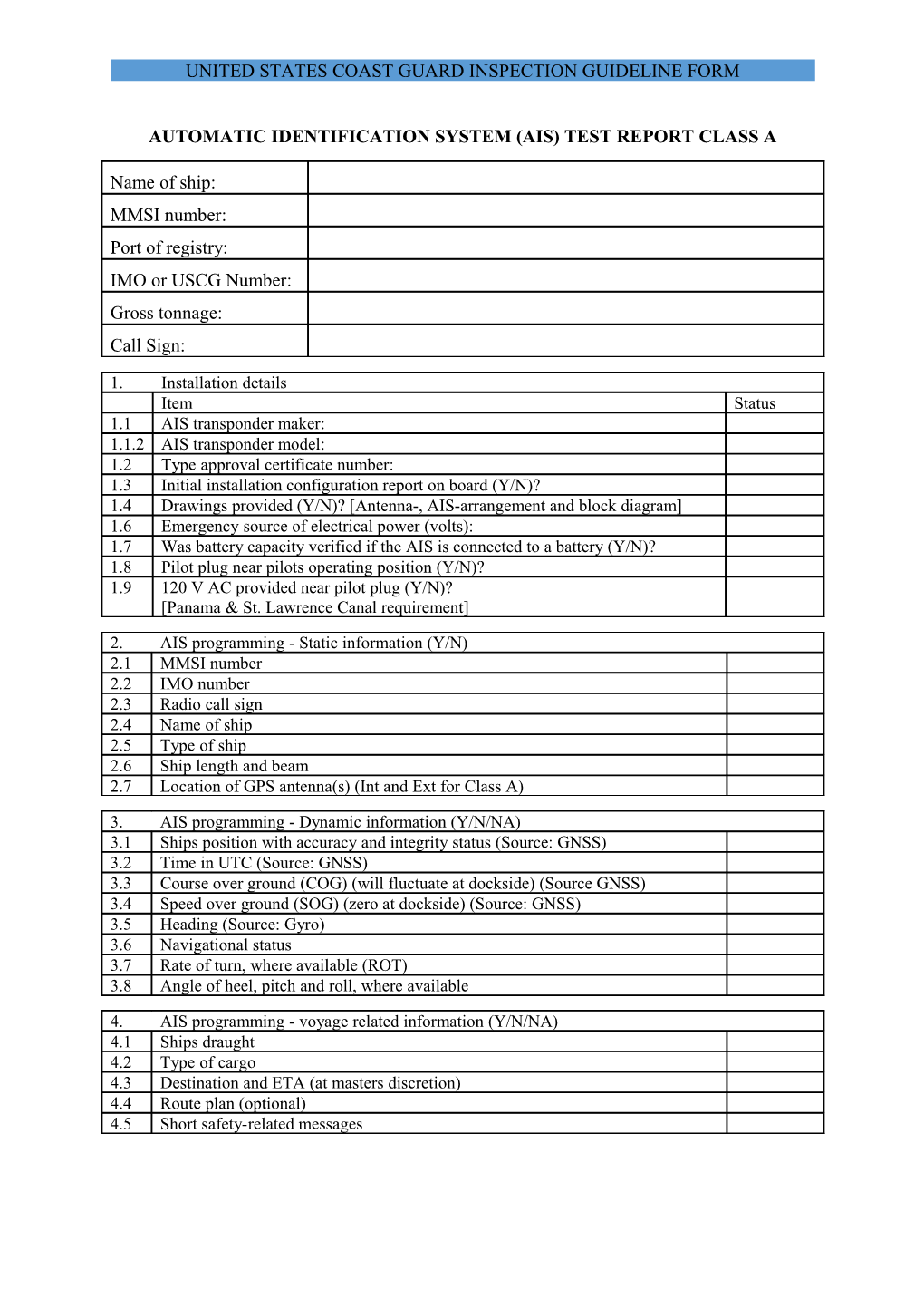 United States Coast Guard Inspection Guideline Form