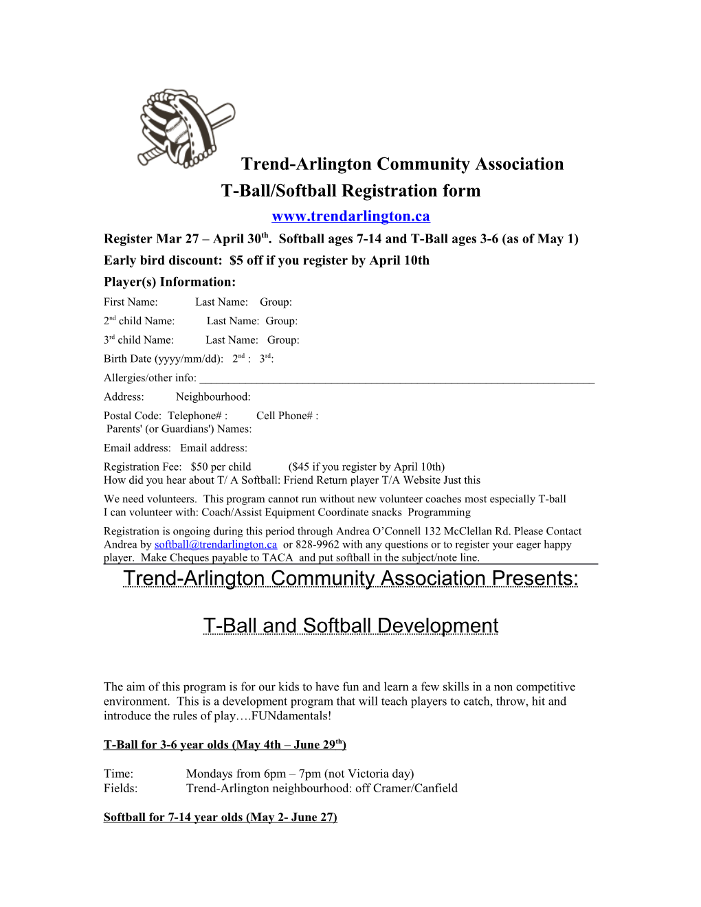 T-Ball/Softball Registration Form