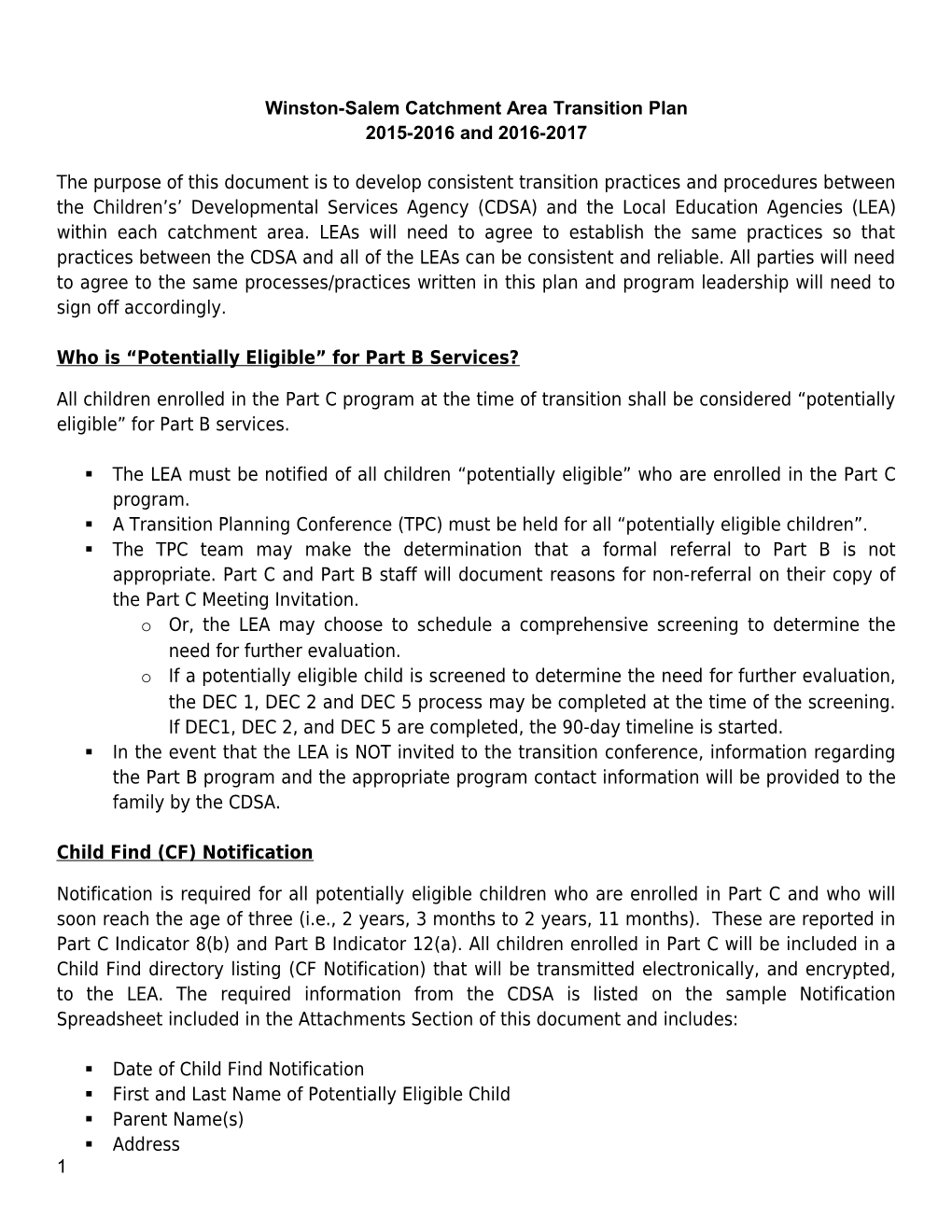 Winston-Salem Catchment Area Transition Plan