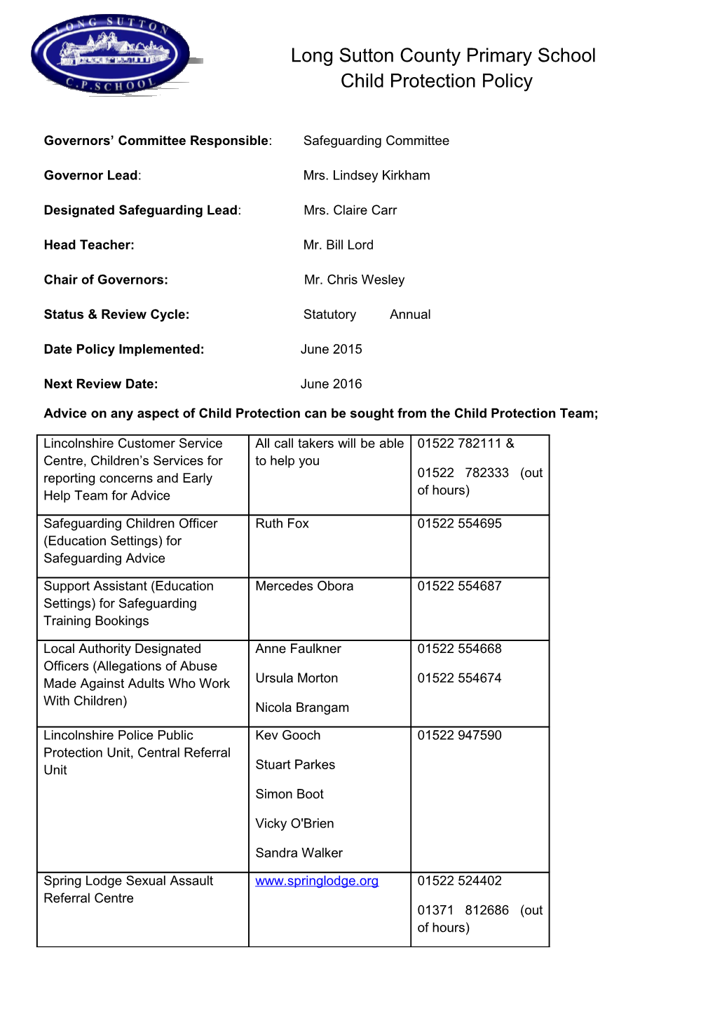 Governors Committee Responsible : Safeguarding Committee