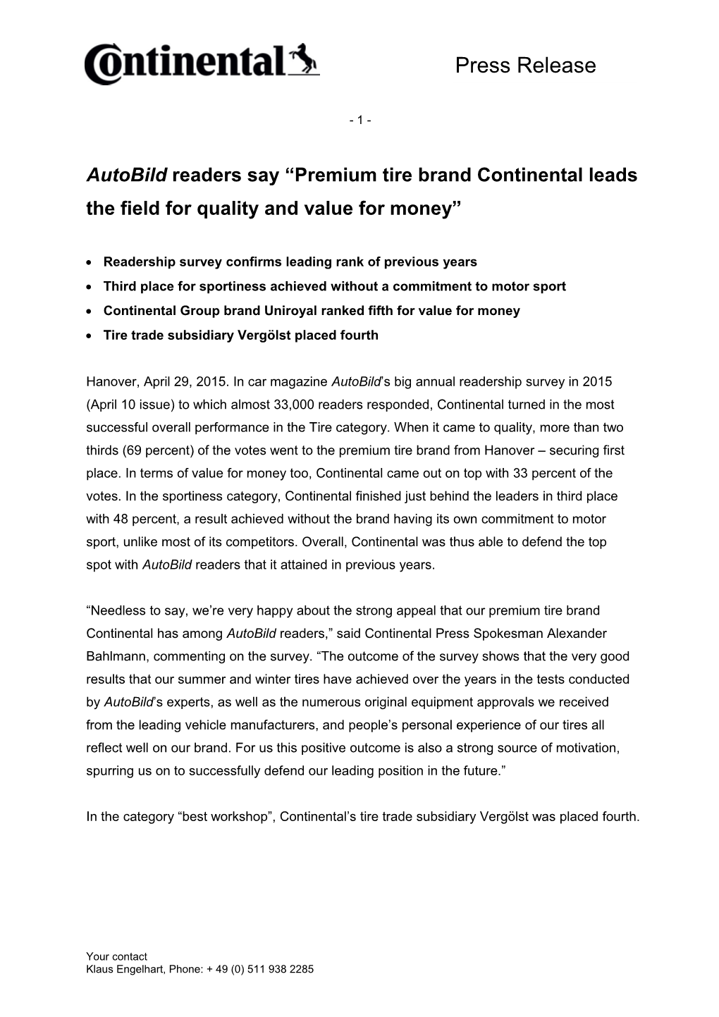 Autobild Readers Say Premium Tire Brand Continental Leads the Field for Quality and Value