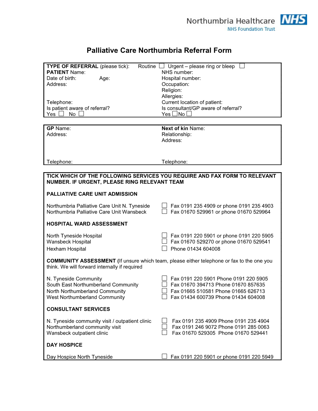 Palliative Care Northumbria Referral Form