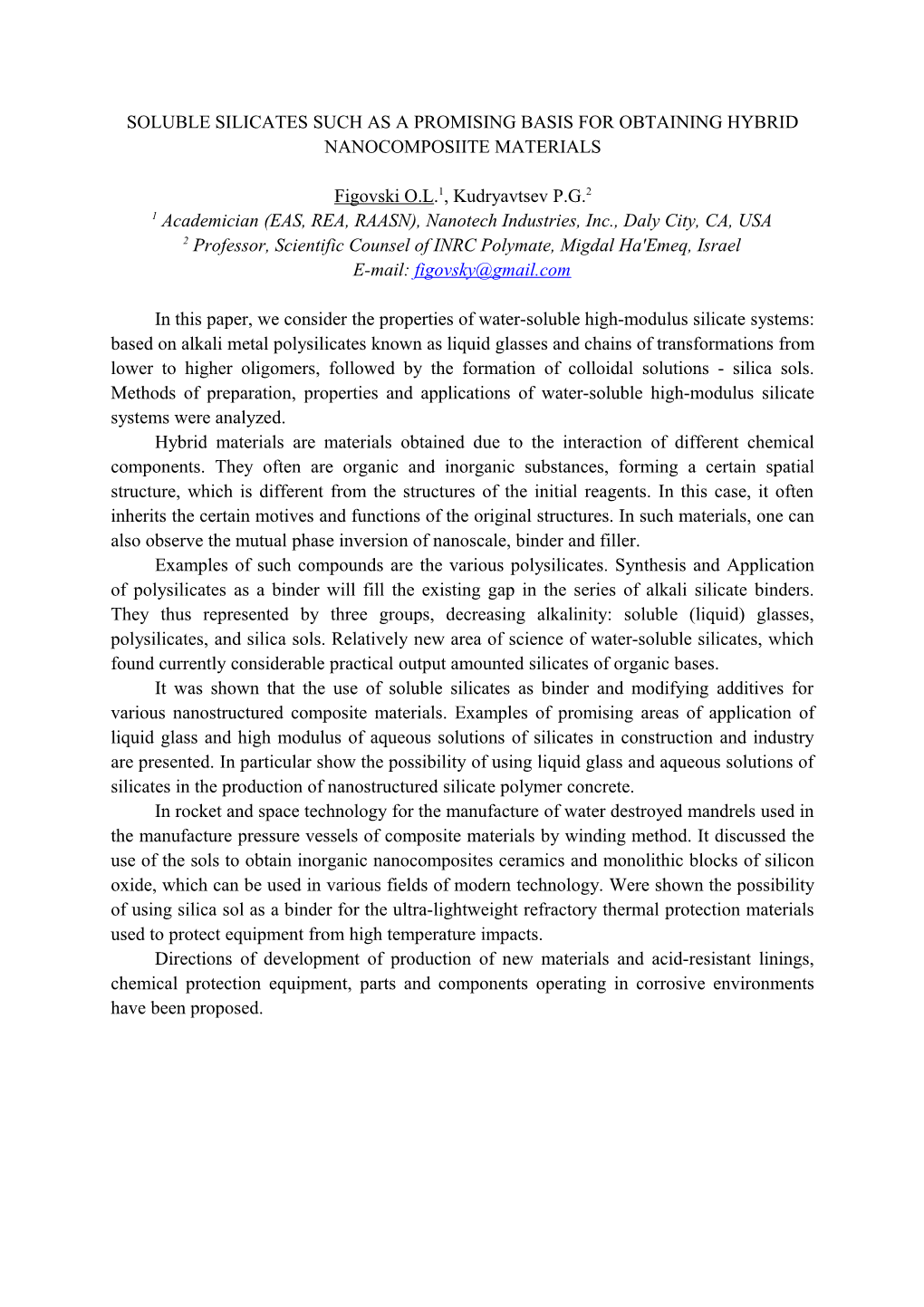 Soluble Silicates Such As a Promising Basis for Obtaining Hybrid Nanocomposiite Materials