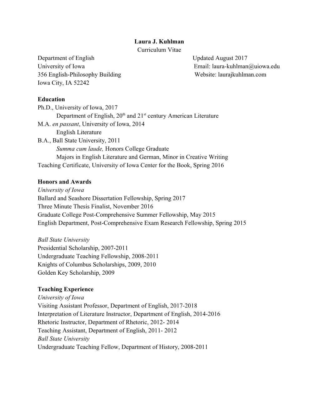 Laura J. Kuhlman Curriculum Vitae