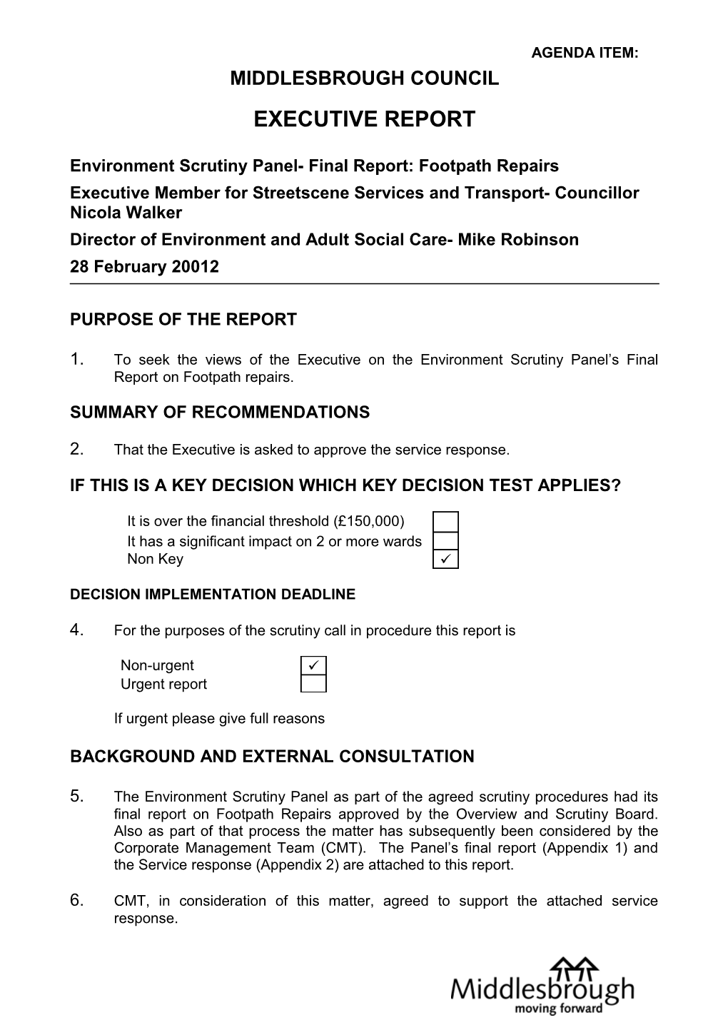 Environment Scrutiny Panel- Final Report: Footpath Repairs