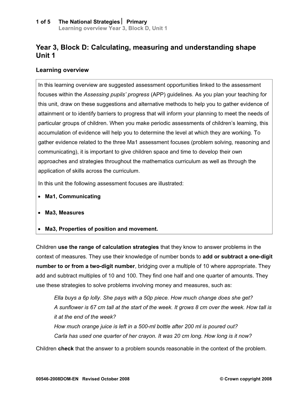 1 of 5The National Strategies Primary Learning Overview Year 3, Block D, Unit 1