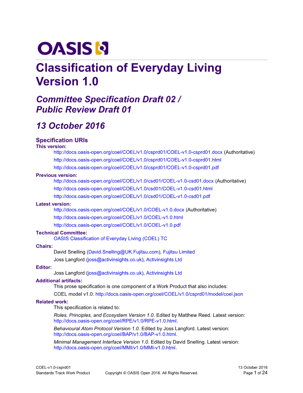 Classification of Everyday Living Version 1.0 s1