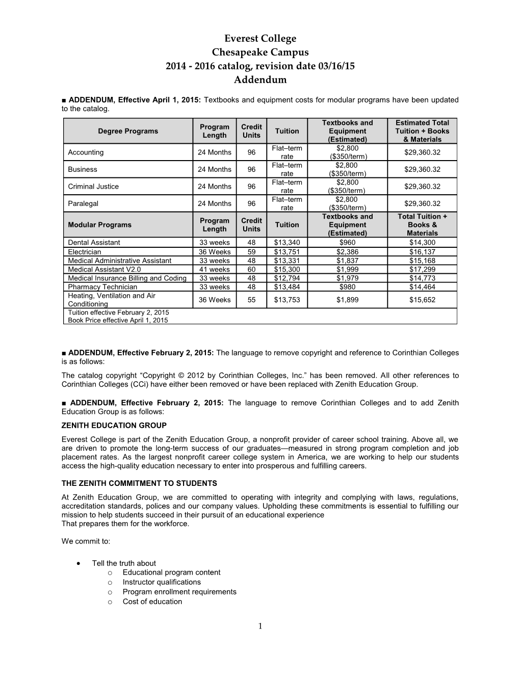 ADDENDUM Effective January 1, 2009: the Following Tuition and Fees Table Is Updated For