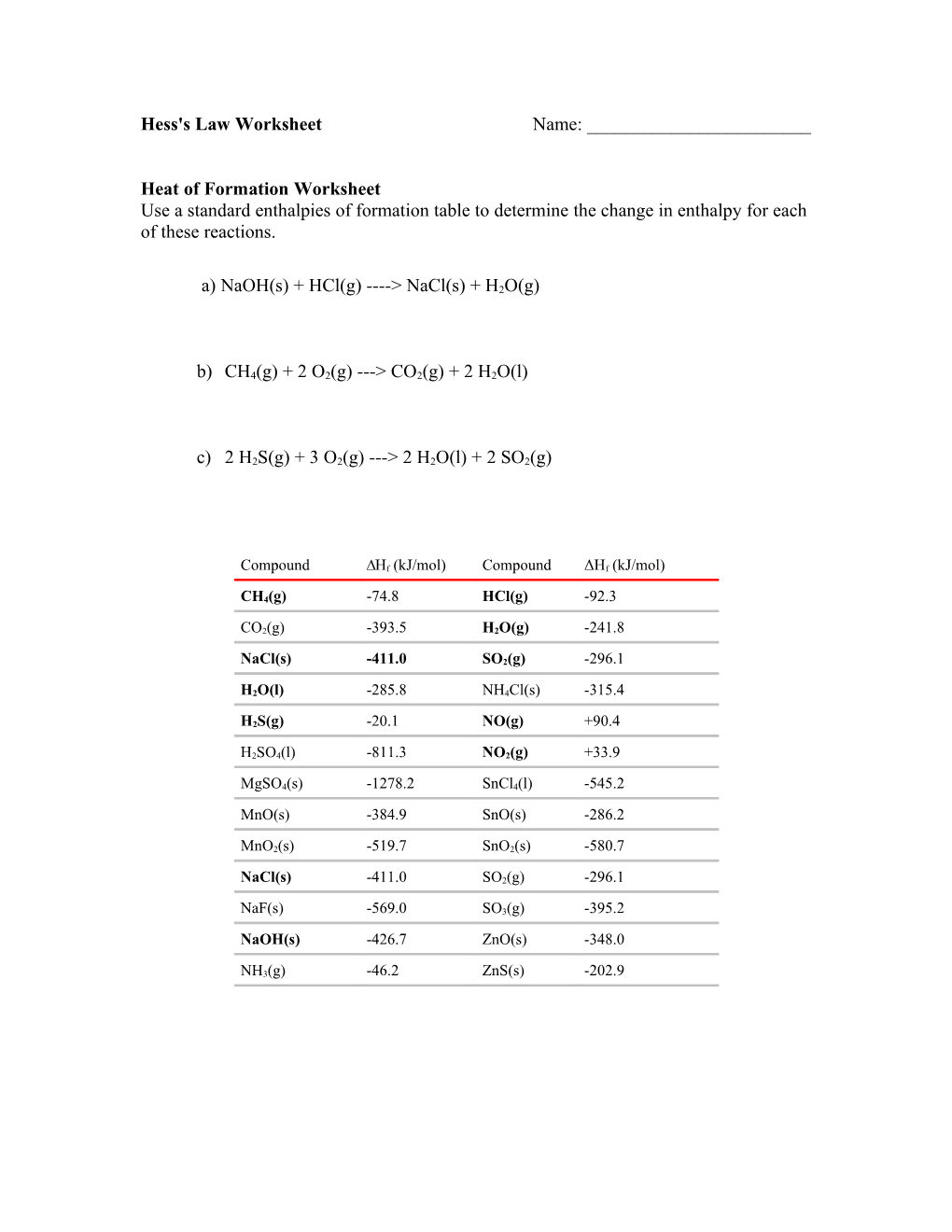 Hess's Law Worksheet