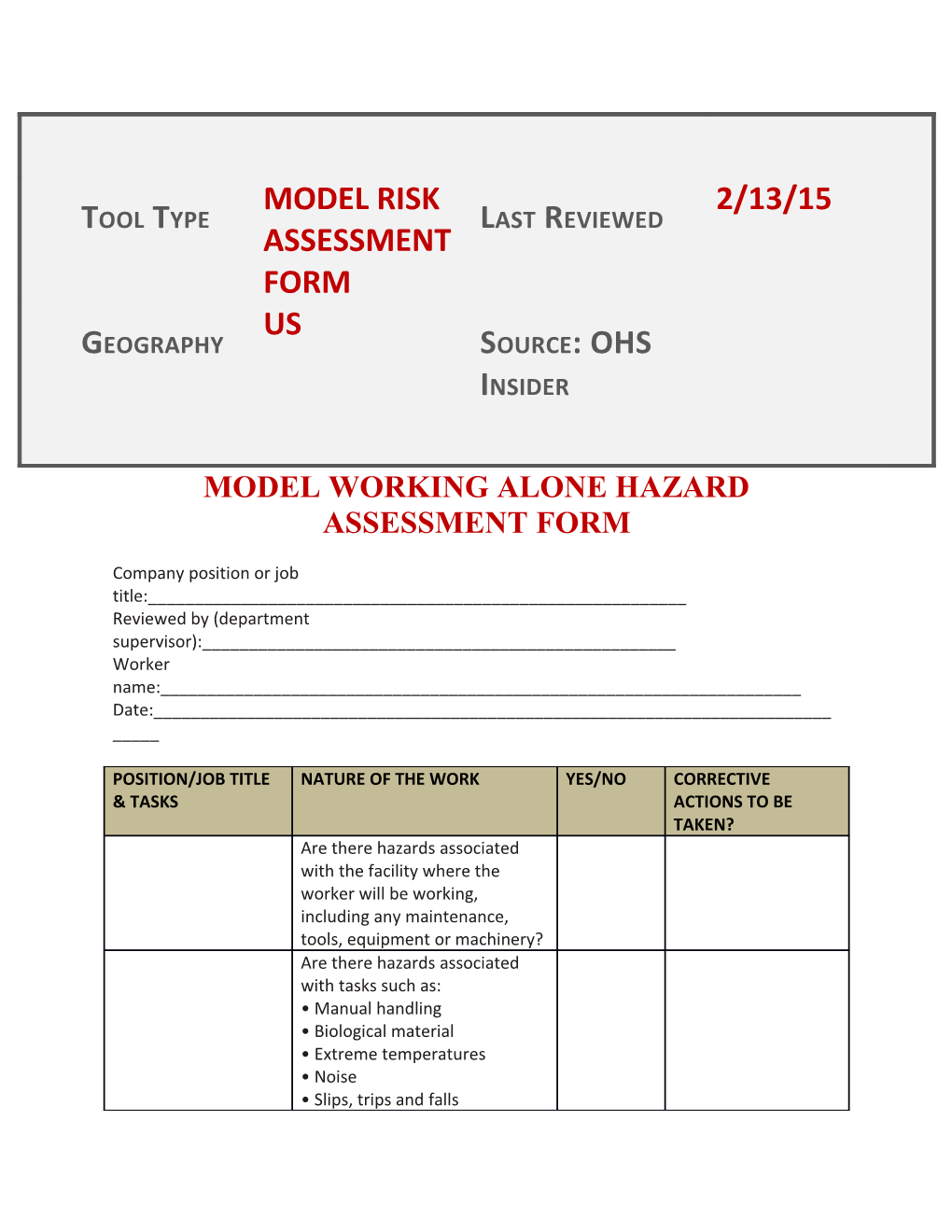 Model Working Alone Hazard Assessment Form