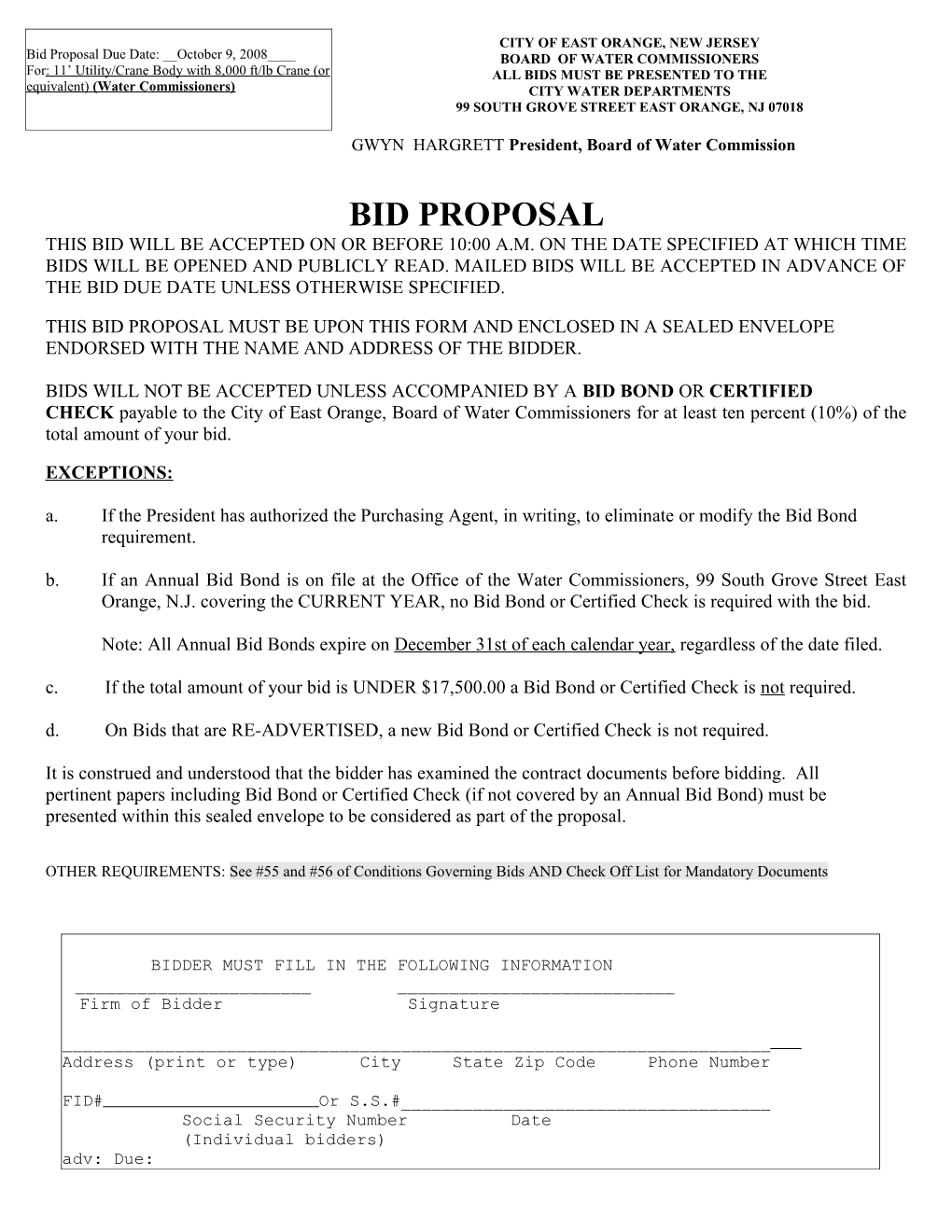 Bid Proposal Due Date