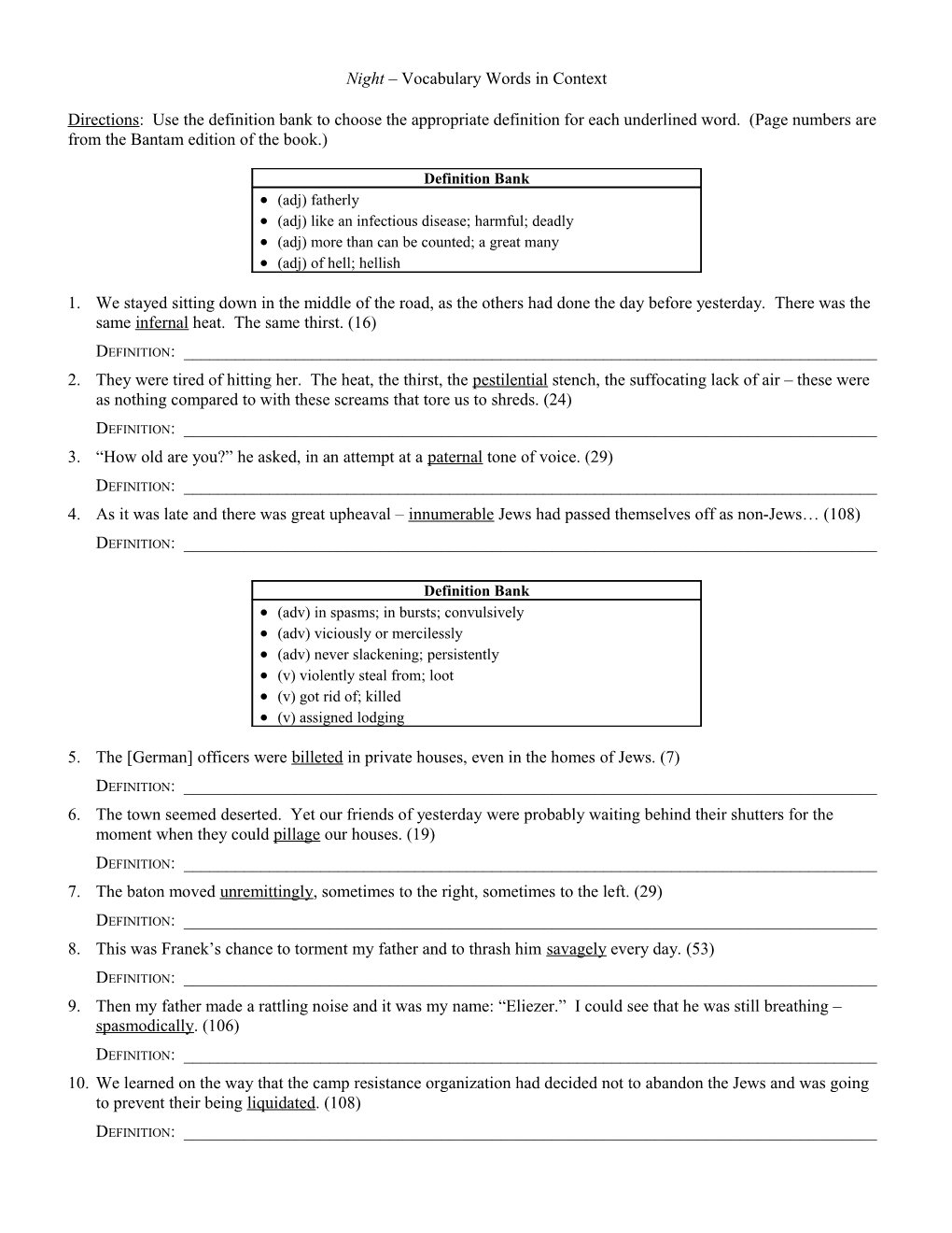 Night Vocabulary Words in Context