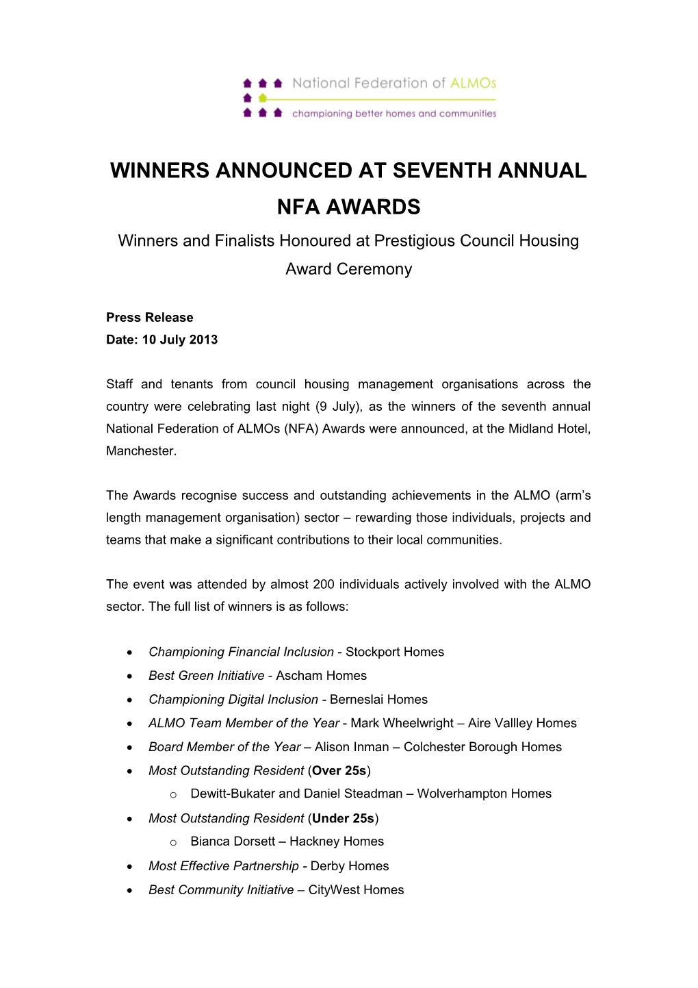 Winners Announced at Seventh Annual Nfa Awards