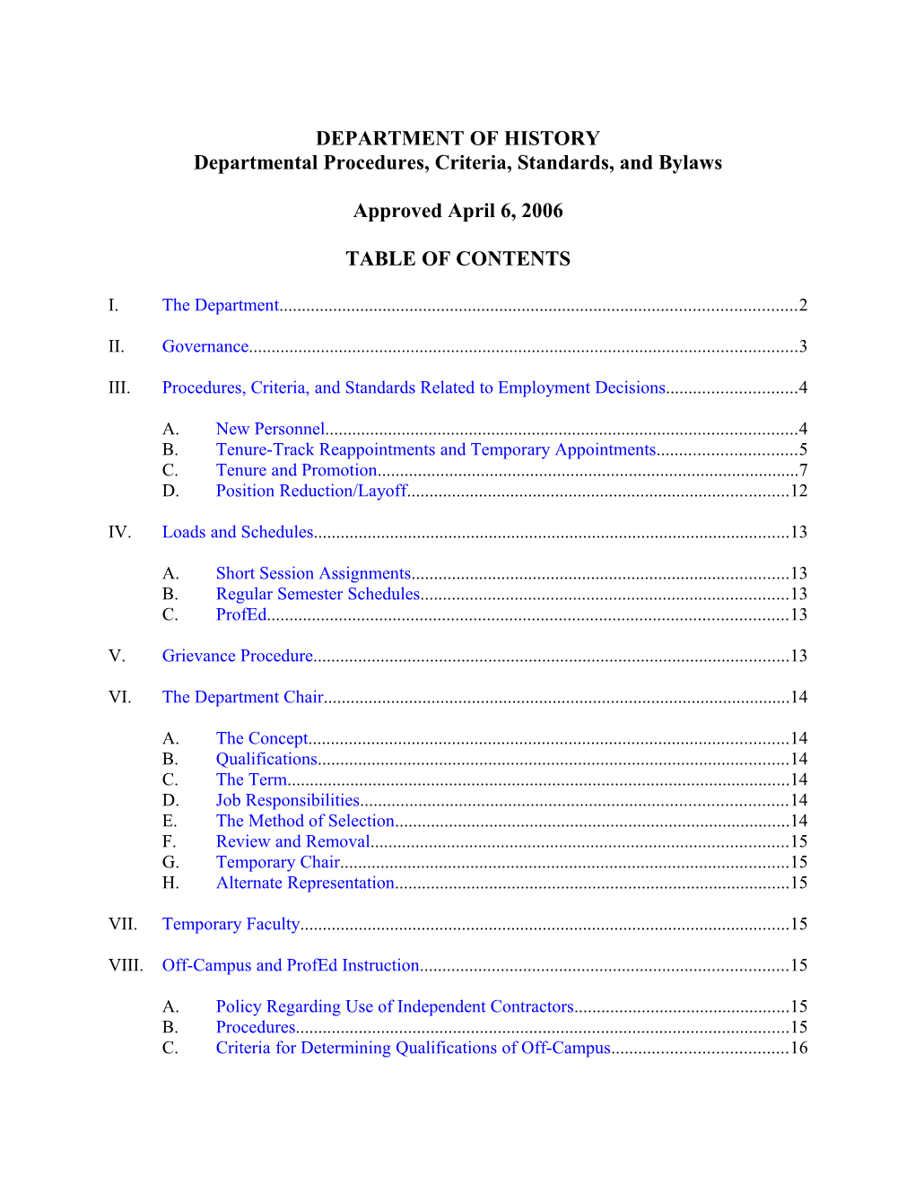 Departmental Procedures, Criteria, Standards, and Bylaws