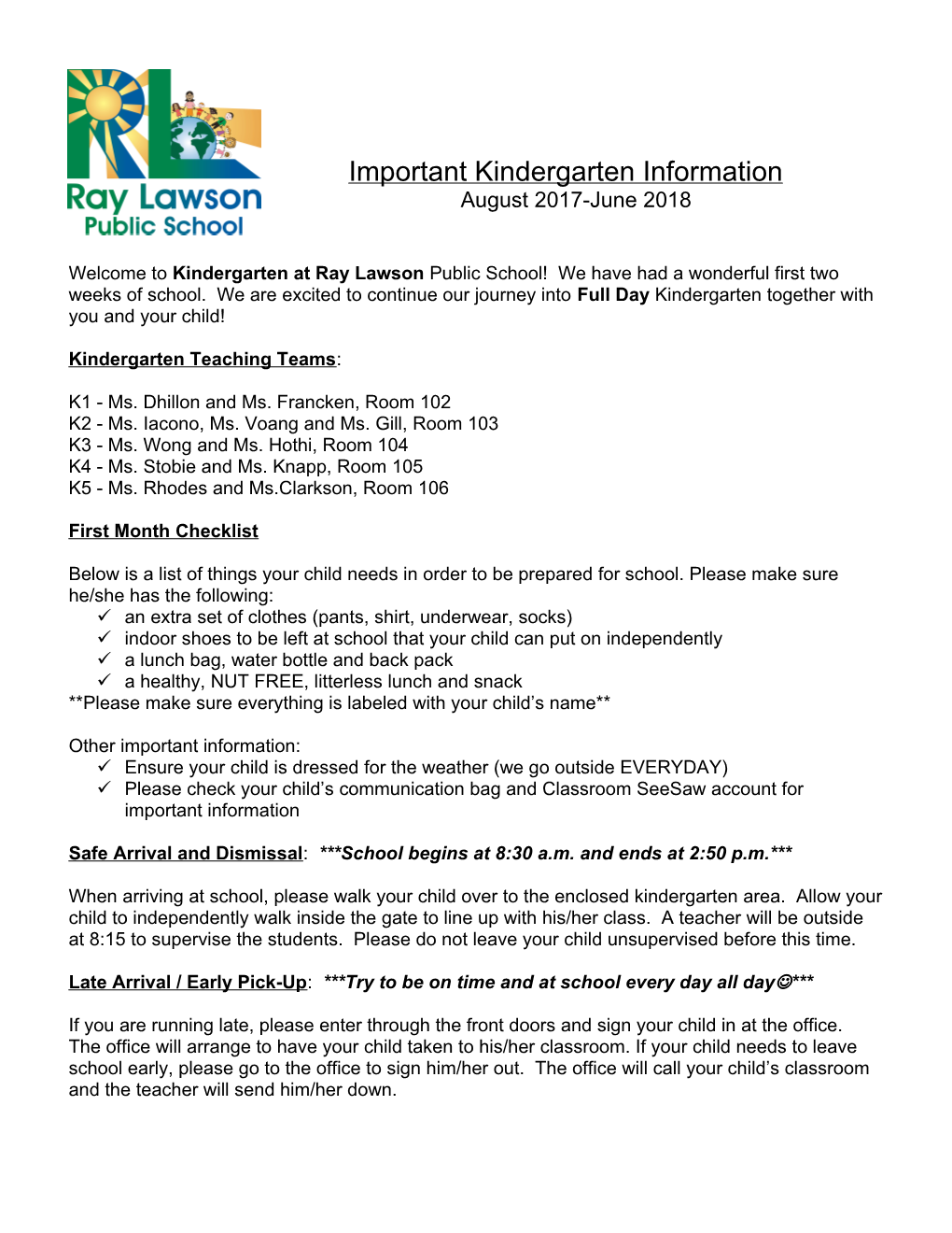 Important Kindergarten Information