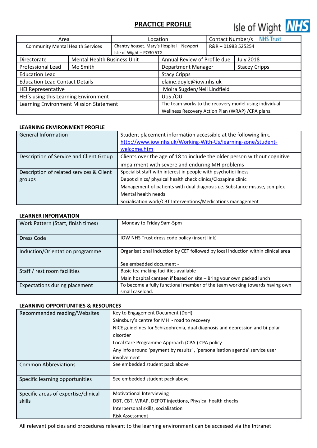 Learning Environment Profile