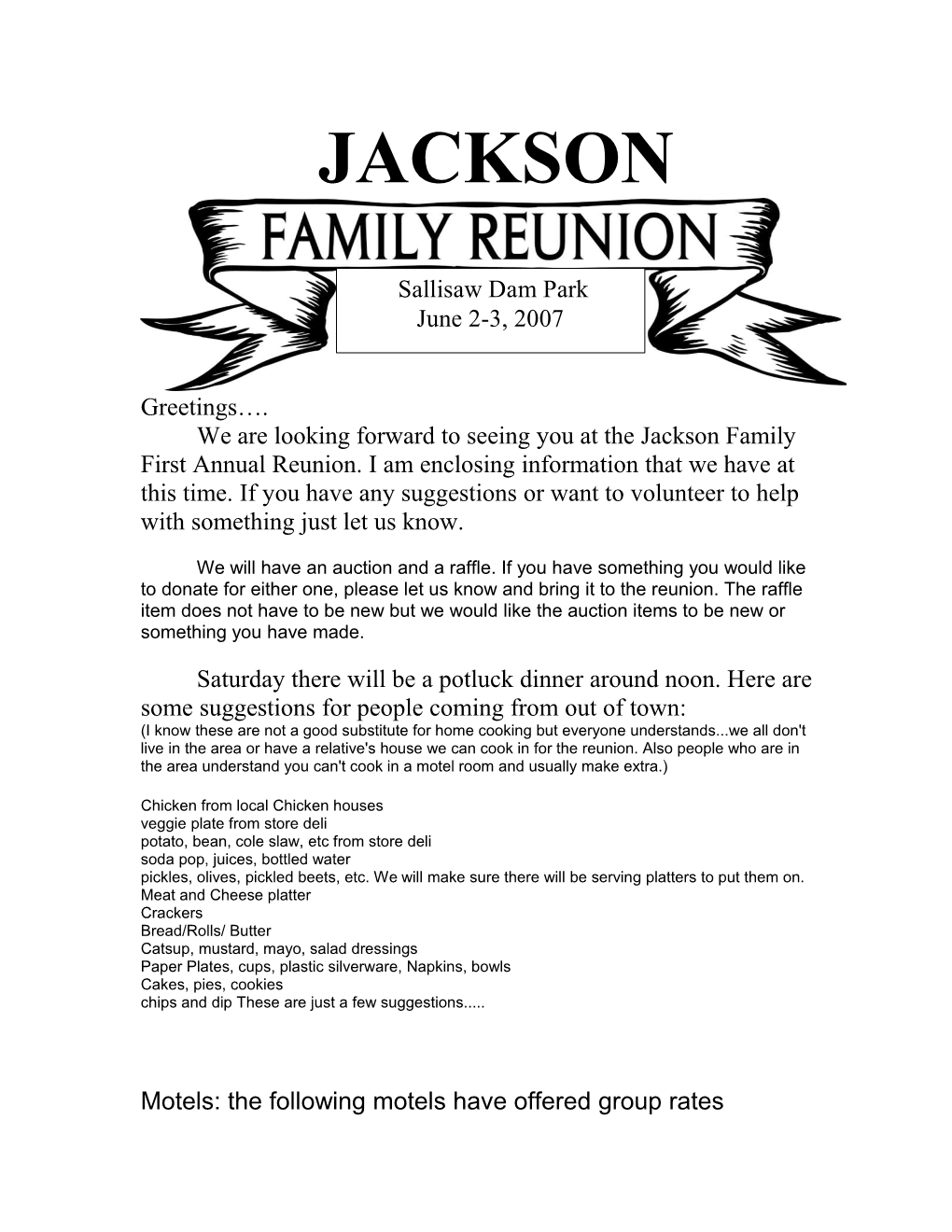 We Are Looking Forward to Seeing You at the Jackson Family First Annual Reunion. I Am