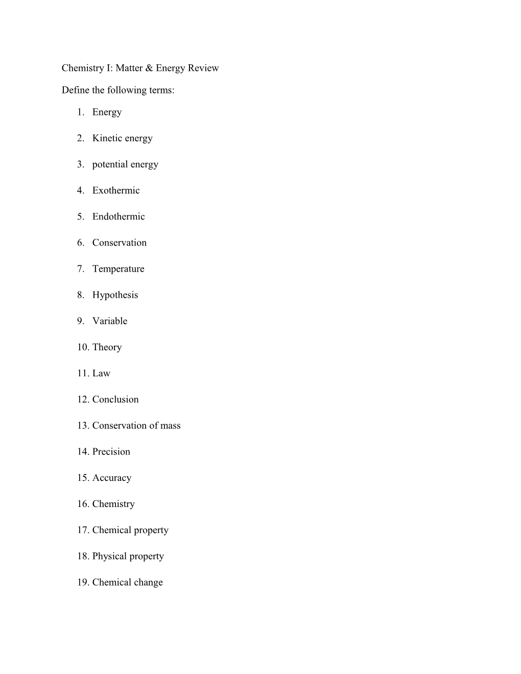 Chemistry I: Matter & Energy Review