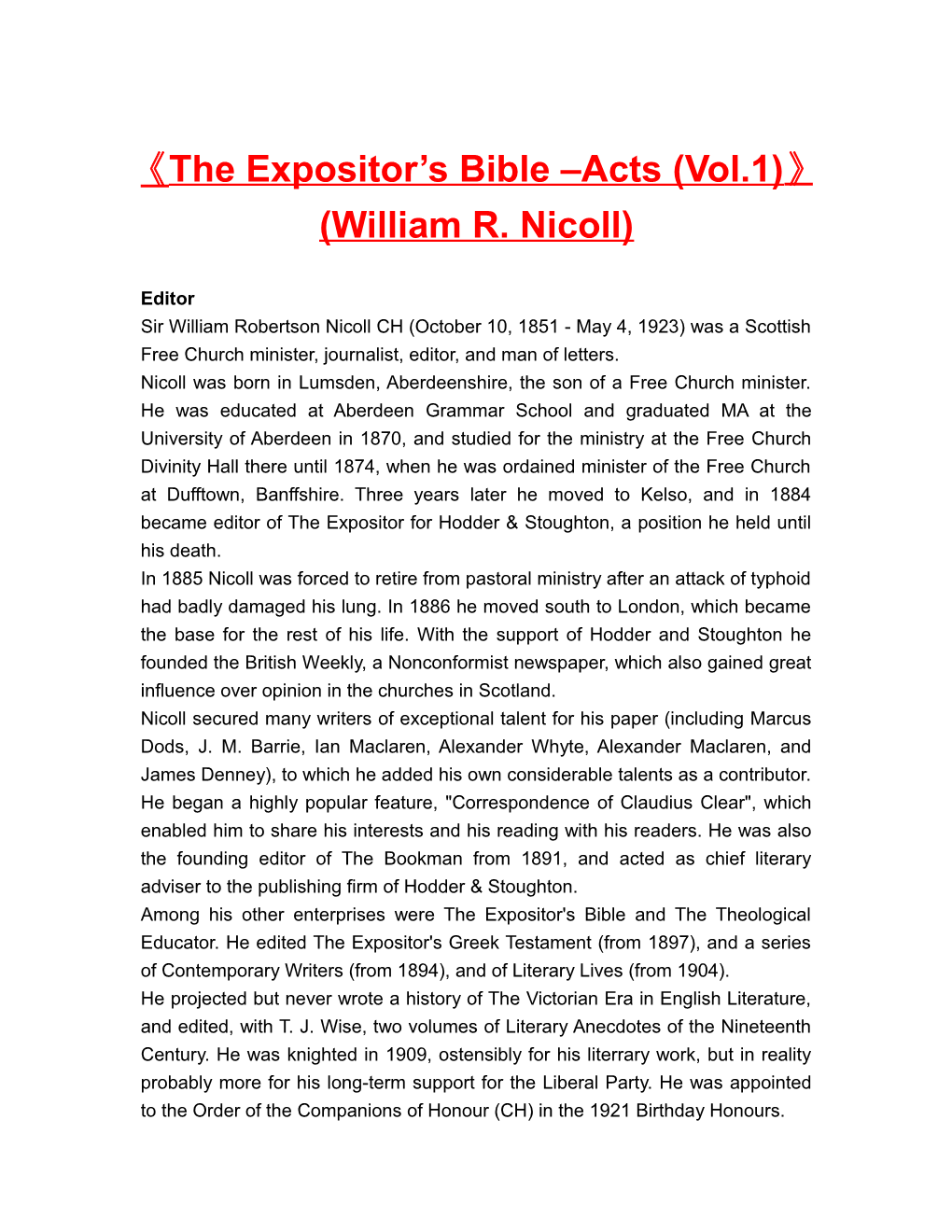 The Expositor S Bible Acts (Vol.1) (William R. Nicoll)