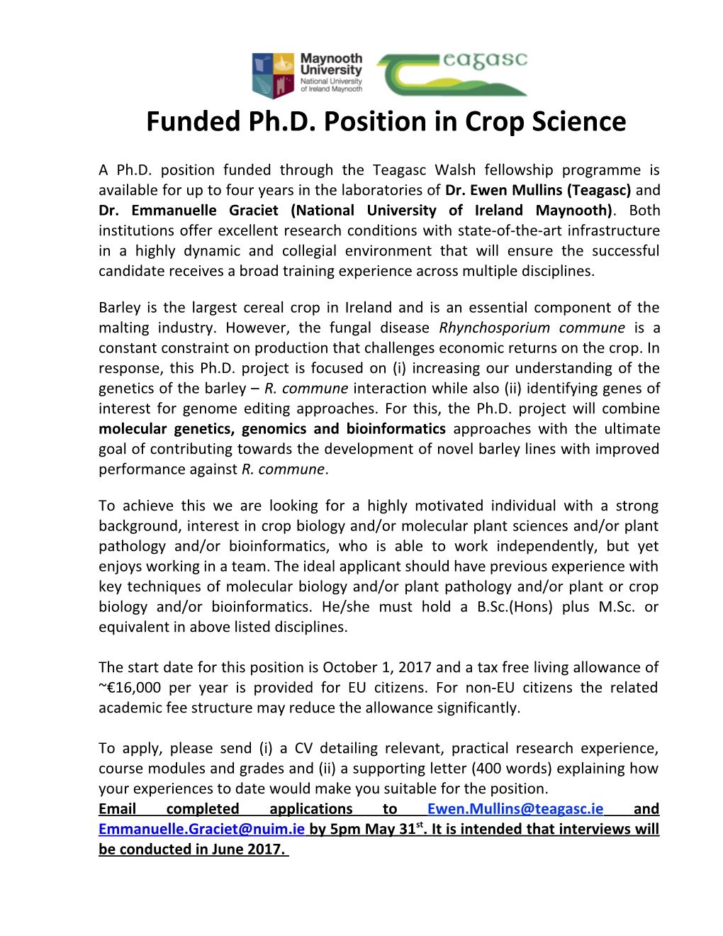 Funded Ph.D. Position in Crop Science