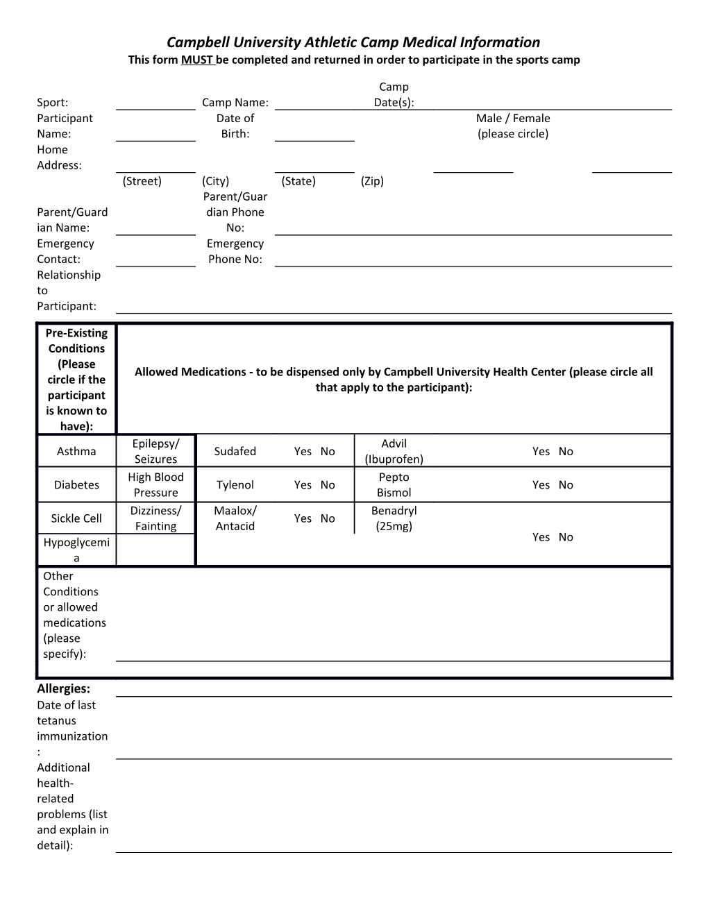 Campbell University Athletic Camp Medical Information