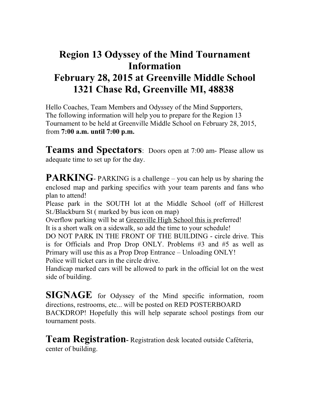 Region 13 Odyssey of the Mind Tournament Information