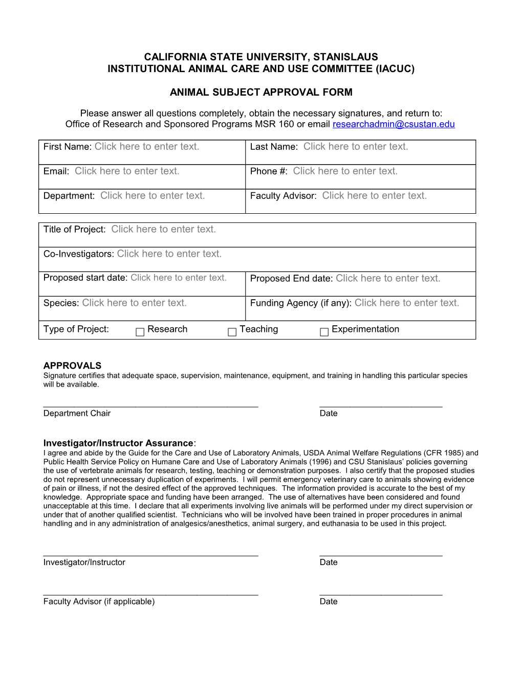 Animal Subject Approval Form