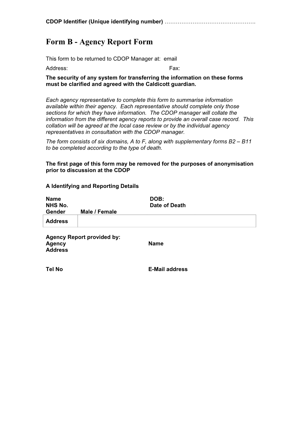 Form B Agency Report Form